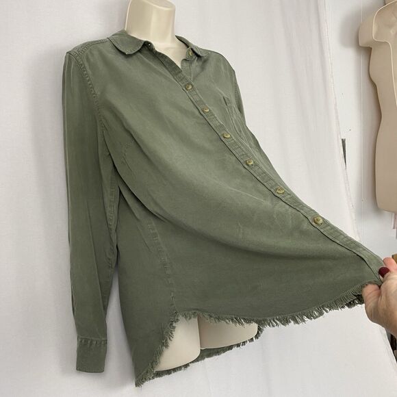 Foxcroft Top Womens 14 Green Tencel Lyocell Chambray Button Up Fringe Hem Grunge - Picture 4 of 12